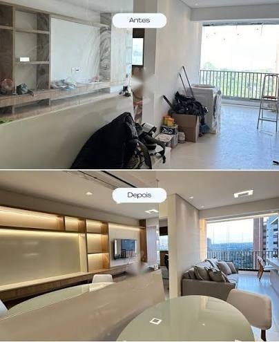 Antes e depois da limpeza de sala de estar e varanda de apartamento