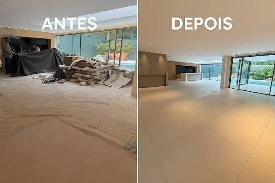 Antes e depois da limpeza de sala ampla com vista para a piscina