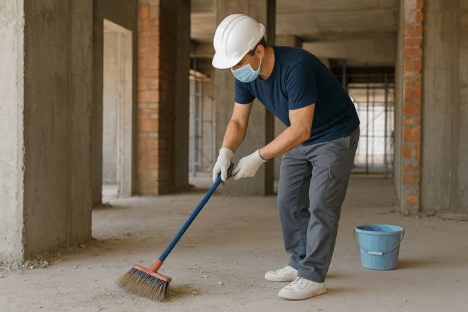 Profissional da Fami Help fazendo a limpeza pós-obra em imóvel recém-construído